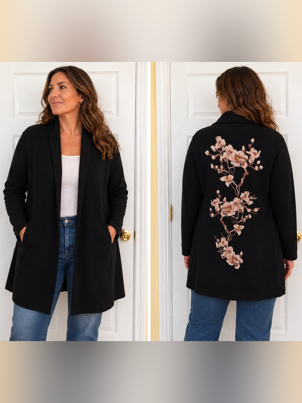 Chico’s Embroidered Floral Black Long Cardigan Duster Open Front Sz L Sweater - Picture 2 of 7